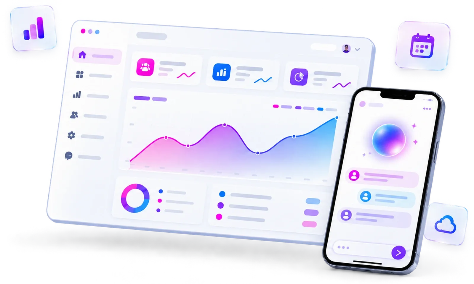 Dashboard de producto en una laptop y un teléfono con analítica, documentos, calendario y tarjetas de nube